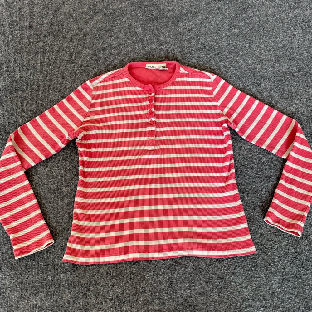 Cherokee Vintage Y2K Striped Henley Top Long Sleeve Pink Cotton V Neck Women's S - Picture 2 of 10